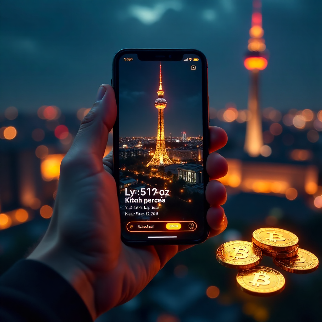 A hand holding a luxury smartphone displaying a high-tech Bitcoin poker app interface with glowing orange and gold accents, background is the Berlin skyline with the TV Tower (Fernsehturm) at night, 3D golden Bitcoin coins and a Royal Flush of playing car